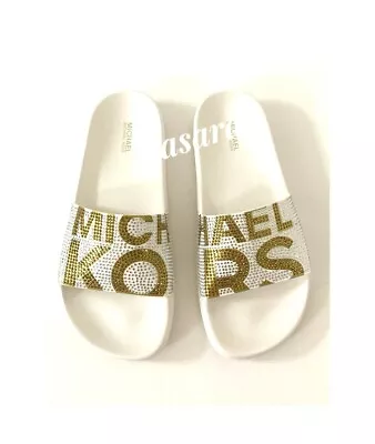 Women MK Michael Kors Gilmore Slide Slip On Sandals Rhinestone Vanilla/Gold  • $54.99