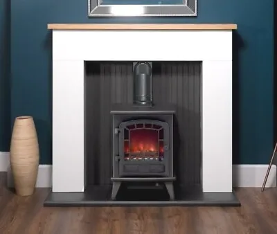 Penzburg Electric Stove  Fire White Oak Black Fireplace Logs Surround Suite  • £469.99