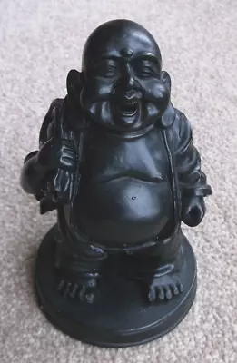 Black Hand Made Carved Resin Chinese Laughing Buddha Statue Indonesia. 14cm Tall • £8