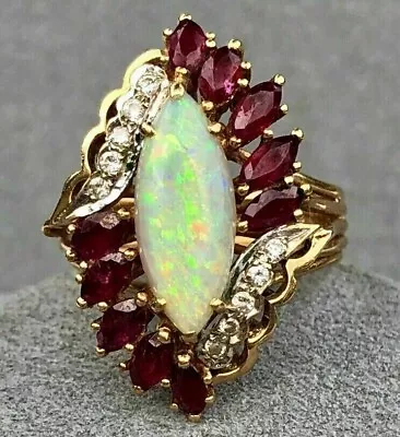 3Ct Marquise Lab Created Opal/Ruby/Diamond Wedding Ring 14K Yellow Gold Finish • $83.99