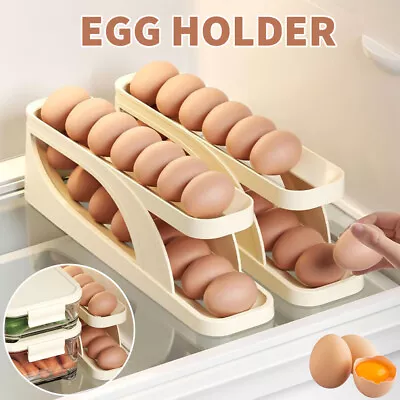 Refrigerator Egg Dispenser Auto Rolling Rolldown Egg Holder 2 Tier Storage Rack • £5.99