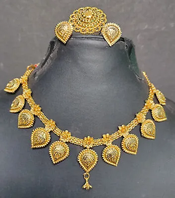 22K Gold Plated Indian 8'' Long Wedding Necklace Earrings Finger Ring Set JaR373 • £20.87