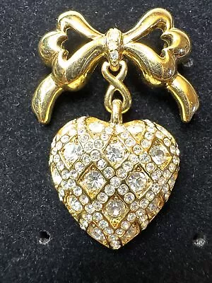 Vintage Monet Heart Ribbon Pave Rhinestones Gold Tone Pin Brooch Great Condition • $10.95