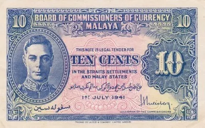 #Malaya And Straits Settlement 10 Cents 1941 P-8 XF+ King George VI • $1.49