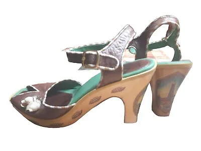Miss L-Fire Brown Leather W/Seashell Wood Heel Painted Platform Sandals RARE 40 • $149.99