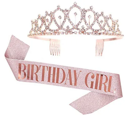 Birthday Party Queen Tiara Sash Crown Ladies Crystal Headband Shoulder Strap • £3.59