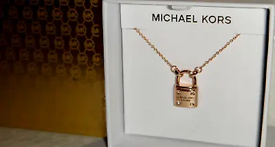 MICHAEL KORS Rose Gold Brass Necklace 18  MK Logo Padlock MKJ7760791 + MK BOX • $67.49