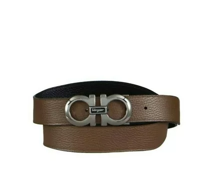 £295 • Buy Salvatore Ferragamo Double Gancini Gunmetal Buckle Black/Brown Reversible Belt