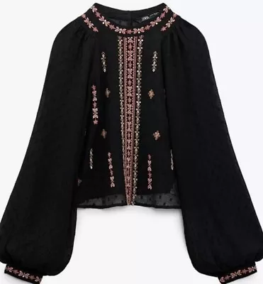 Zara Embroidered New Black Floaty Boho Sheer Crop Blouse XXL Fits 14 16 • £10