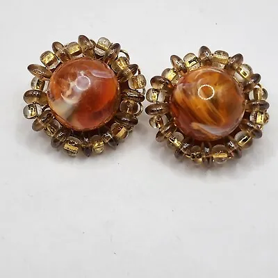 Vintage Marvella Clip On Earrings Orange Marbeled Cabochon Beaded Gold Tone • $19.88