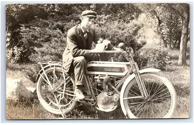 Postcard-  RPPC MAN RIDING EXCELSIOR AUTOCYCLE Motorcycle • $49.99