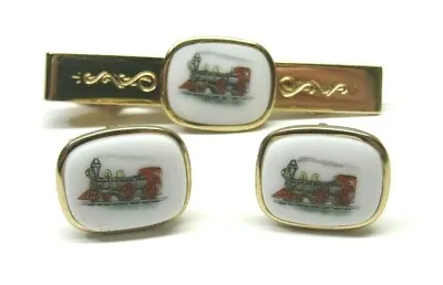 Anson Railroad Steam Engine Train Steampunk Cufflinks Tie Bar Clip Set • $15.75