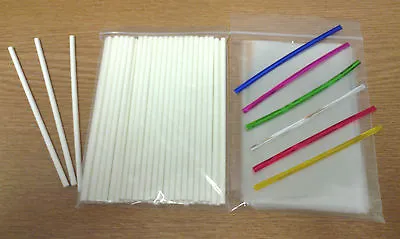 50 X 150mm WHITE PLASTIC  LOLLIPOP STICK CAKE POP KIT INC BAGS & CHOICE OF TIES • £5.50