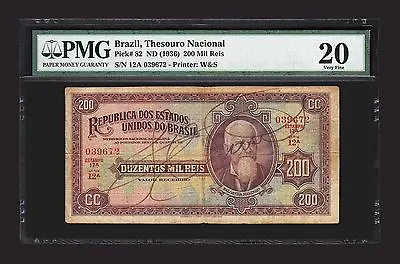 Brazil Thesouro Nacional 200 Mil Reis Nd 1936 Pmg 20 Very Fine P.82 • $170.14