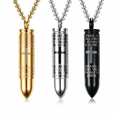 3pcs Men's Stainless Steel Lord's Prayer Cross Openable Bullet Pendant Necklace • $13.99