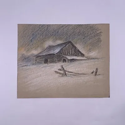Vintage Americana Folk Charcoal Drawing Winter Cottage C Stuart 1970 8x10” • $45
