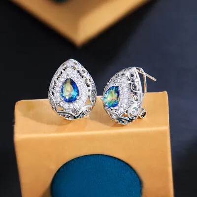 Mystical Topaz Rainbow Drop Earrings Stud CZ Women Silver Plated Fashion Jewelry • $7.23