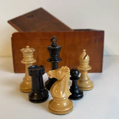 Antique 1920 Staunton Hand Carved Wood Chess Set Pieces Mahogany Box 2.75” King • $249.99