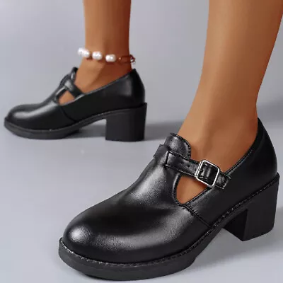 Womens Mary Jane College Pumps T Strap Bar Block Mid Heel Comfort Shoes Preppy • $30.29