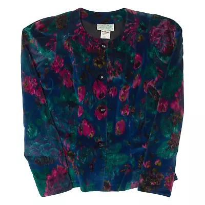 Vintage HEFFLE FOLLE Womens Blazer Jacket Blue Velvet 90s Floral S • £28.99