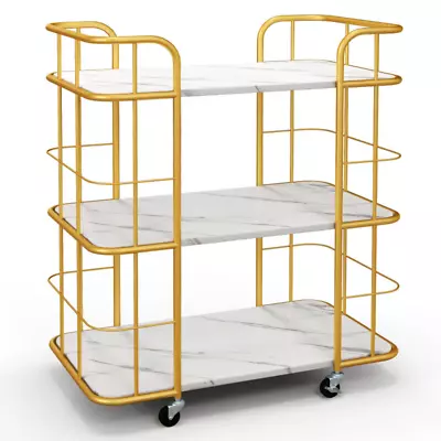 3-Tier Metal Kitchen Storage Serving Cart Trolley With Marble Tabletop And Handl • $104