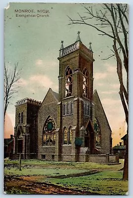 Monroe Michigan MI Postcard Evangelical Church Exterior Scene C1920's Antique • $19.95