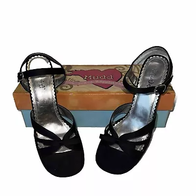 Mudd Shoes Women’s Size 10M Black Strappy Heals Meryl Black Satin Buckle Strap • $24.99