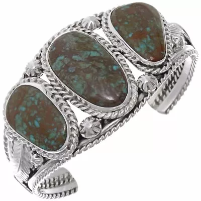 Southwest Navajo Style Bisbee Turquoise 3 Stone Bracelet Sterling Cuff S6.5-7 • $369