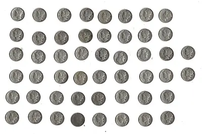 One Roll Of Fifty (50) Average Circulated Silver 1940s Mercury Dimes • $120