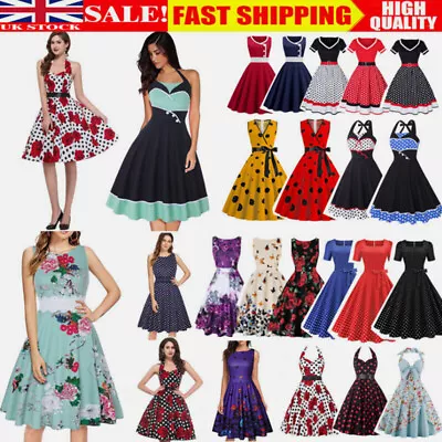 UK Women Retro 50s 60s Rockabilly Polka Dot Cocktail Party Swing Housewife Dress • £14.23