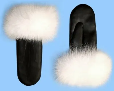 NEW MENS Size 8 Small BLACK LAMBSKIN LEATHER&WHITE FOX FUR MITTENS-ACRYLIC LINED • $79.95