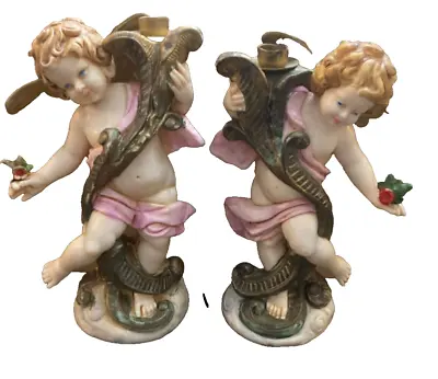 Set Of 2 Vintage Resin Italy #5042 & #5043 Angel Cherub Candle Holders -  6.5  T • $30