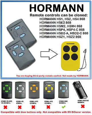 Remote Control Duplicator For HORMANN HSM2 HSM4 868 (Blue Buttons Only) • £10.49