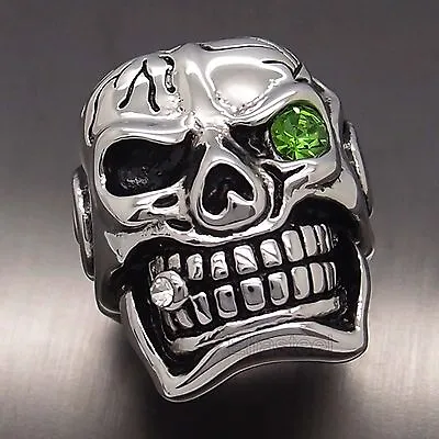 MENS Huge Silver Skull Green Eye Cigar CZ 316L Stainless Steel Biker Ring • $8.99