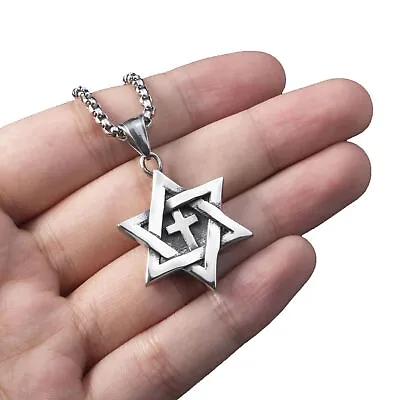 Star Of David Messianic Cross Men's Solid Stainless Steel Pendant Necklace Chain • $18.97