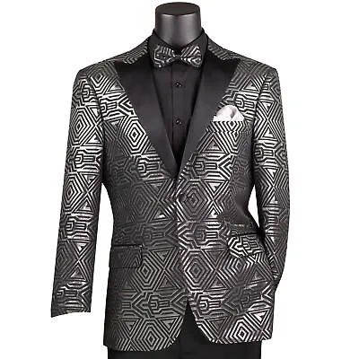 VINCI Men's Silver Metallic Geometric Jacquard Modern Fit Tuxedo Jacket - NEW • $125