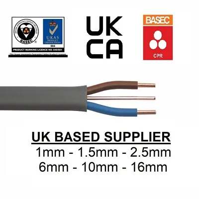 TWIN AND EARTH CABLE T&E GREY 1.0mm² 1.5mm² 2.5mm² 6mm² 10mm² CUT 5m-100m BASEC • £0.99