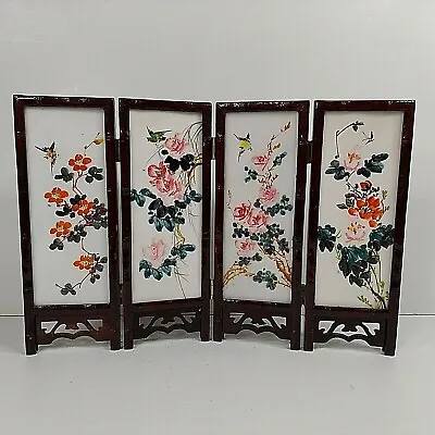 Mini Asian Shoji Screen Tabletop Stone Marble 4 Panel Hand Painted 8  Vintage • $59.95