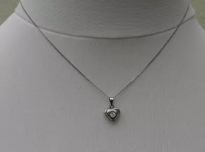 9 Carat White Gold Heart Necklace And Chain 16 Inch Chain 1.1g Clear Stone Set • £50