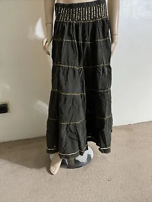 Khaki Cotton Casual Hippie Boho Beaded Ruffles Velvet Size S Maxi Skirt • $25