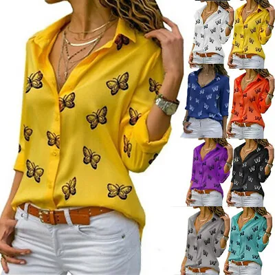 Plus Size Womens Button Shirts Casual Butterfly Tops Ladies Long Sleeve Blouse • £12.09