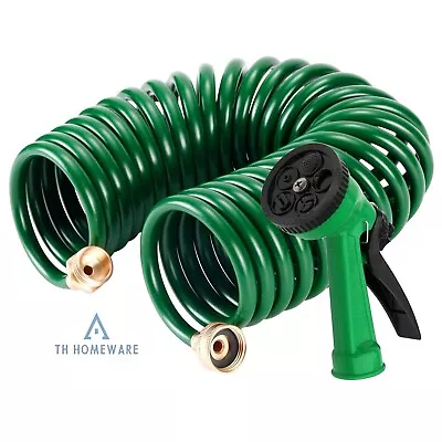 50Ft Coil Hose Pipe Retractable Garden Coil Hose Pipe With Brass Fittings Nozzle • £13.95