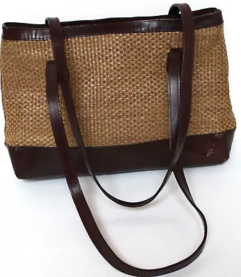 Maxx New York Shoulder Purse Dark Brown Leather & Basket Weave Straw 14 X10  • $13.99