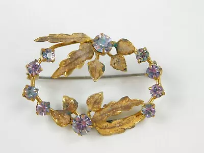 Vintage Austria Signed Vitriol Rhinestone Leaf Brass Brooch Pin 2  X 1.5  • $24.99