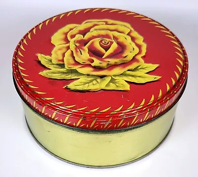 Vintage Embossed Cookie Tin - Red With Gold Rose On Top - 7  X 3  • $10
