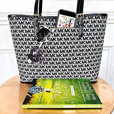 Michael Kors Blk/Nat. Jet Set Signature Jacquard Canvas Carryall Travel Tote NWT • $199.99