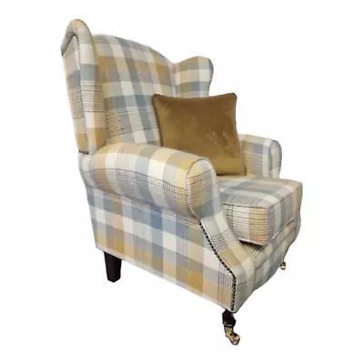 Wing Back  Queen Anne Chair Katrine Cornflower/Ochre With Cushion - Dark Legs • £499