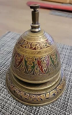 Vintage Solid Brass Enameled Bell Hop Desk Bell Etched Decorative Design See Des • $49.99