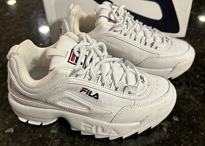 Fila Disruptor II Premium Sneakers Women 7.5 All White Leather Tennis Shoes • $21.59