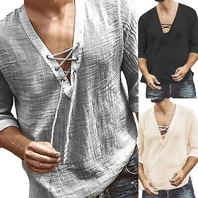 Men's Casual Long Sleeve Cotton Linen Blouse Loose Lace Up V-Neck Tops T-Shirts • $14.14
